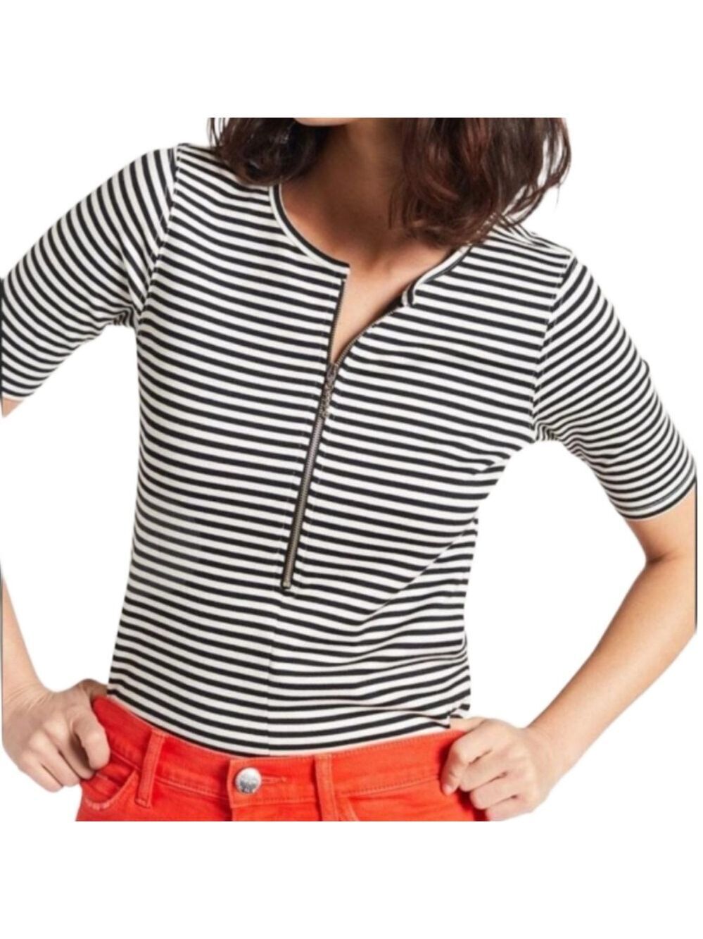 CURRENT ELLIOTT LEIGHTON HALF ZIP STRIPE TEE SHIRT TOP LIKE NEW SIZE SMALL